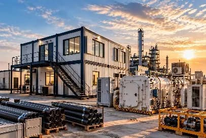 Two-storey modular office beside a process plant with pipe stock and equipment skids