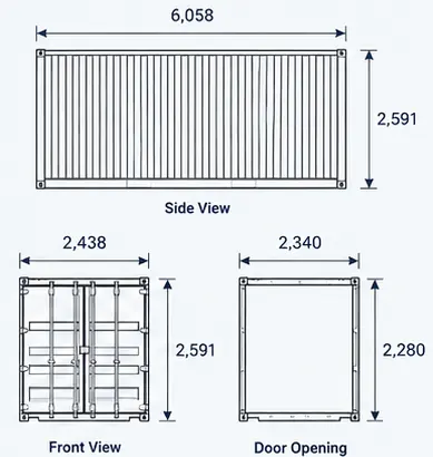 20 ft Standard Dry dimension drawing: side view, front view and door opening
