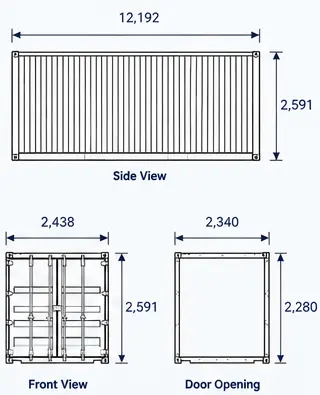 40 ft Standard Dry dimension drawing: side view, front view and door opening