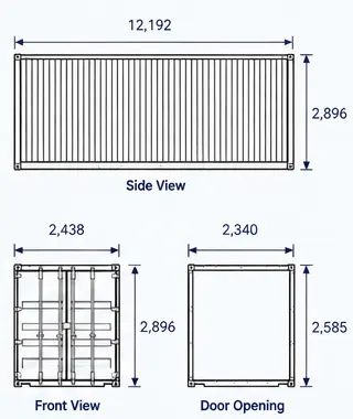 40 ft High Cube Dry dimension drawing: side view, front view and door opening