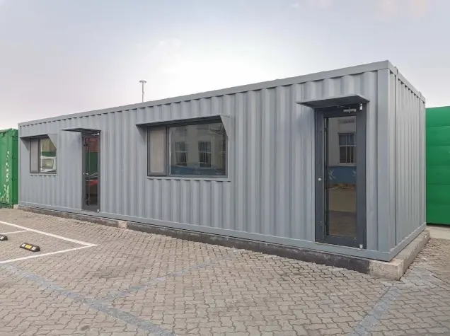 Container converted into a site office with windows and door