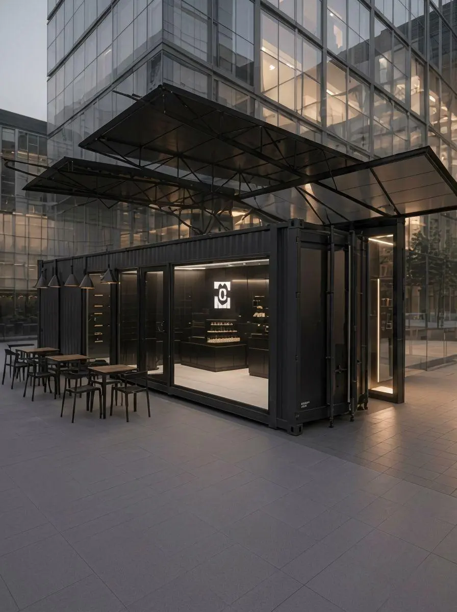 Container pavilion beneath a canopy