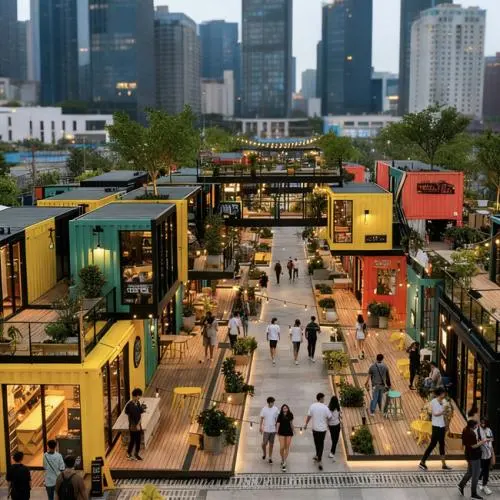 Container retail street with converted units on two levels