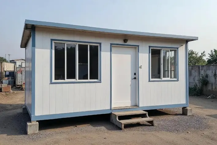 White porta cabin with windows and steps