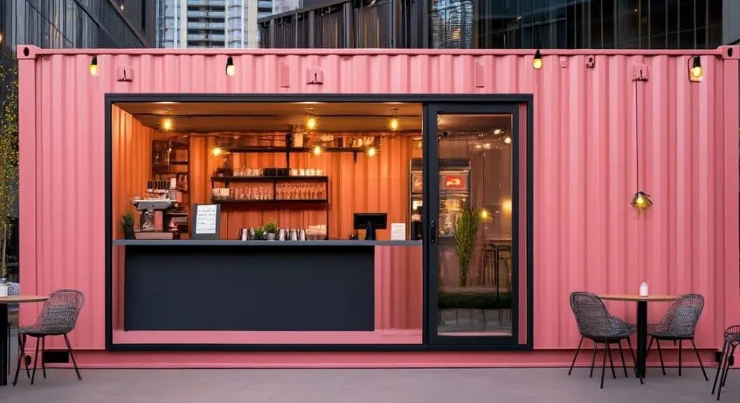 Container coffee kiosk with serving hatch