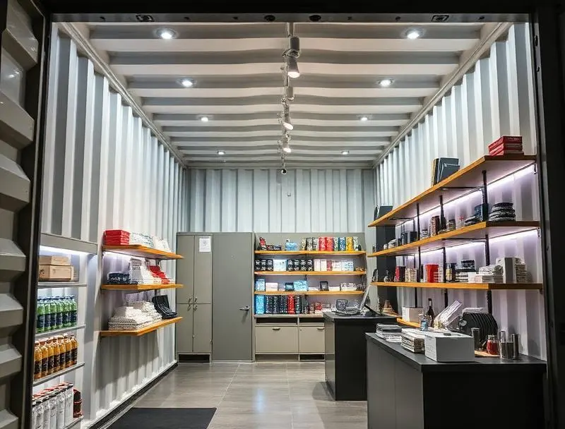Container shop interior with shelving