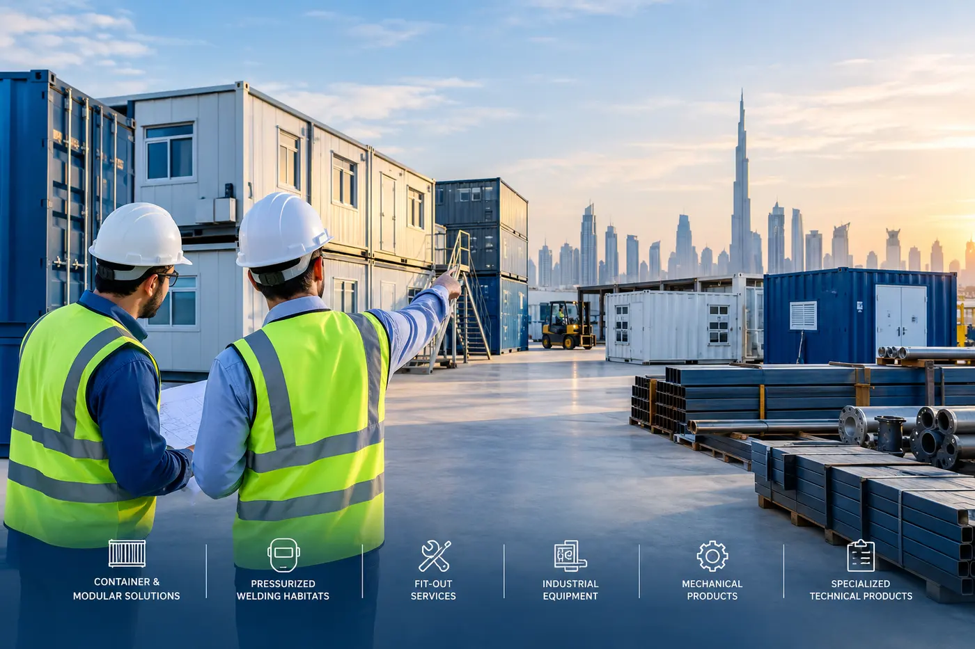 Dar Almahireen engineers reviewing drawings beside containers, modular units and steel stock