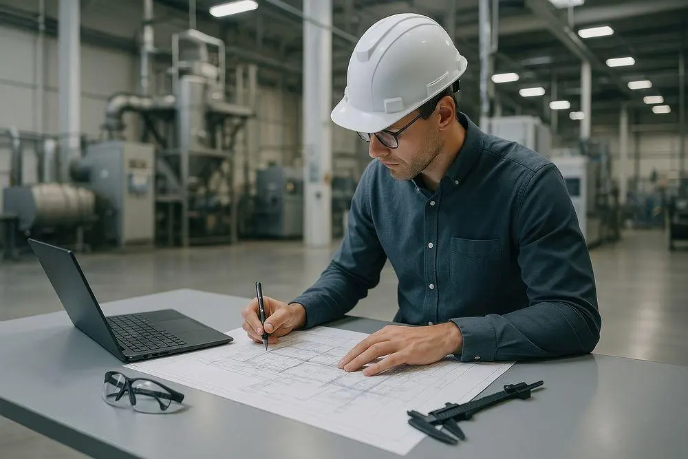 Engineer reviewing technical drawings
