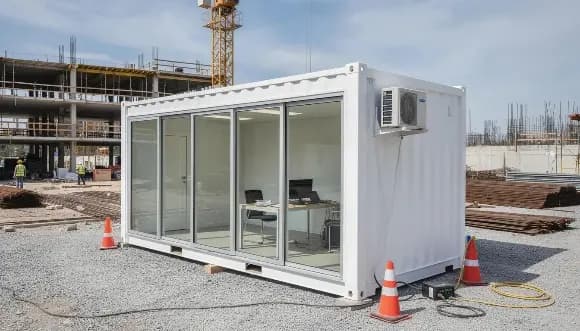 Container office with glazed front on a construction site