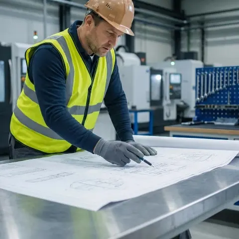 Engineer checking drawings at a workbench