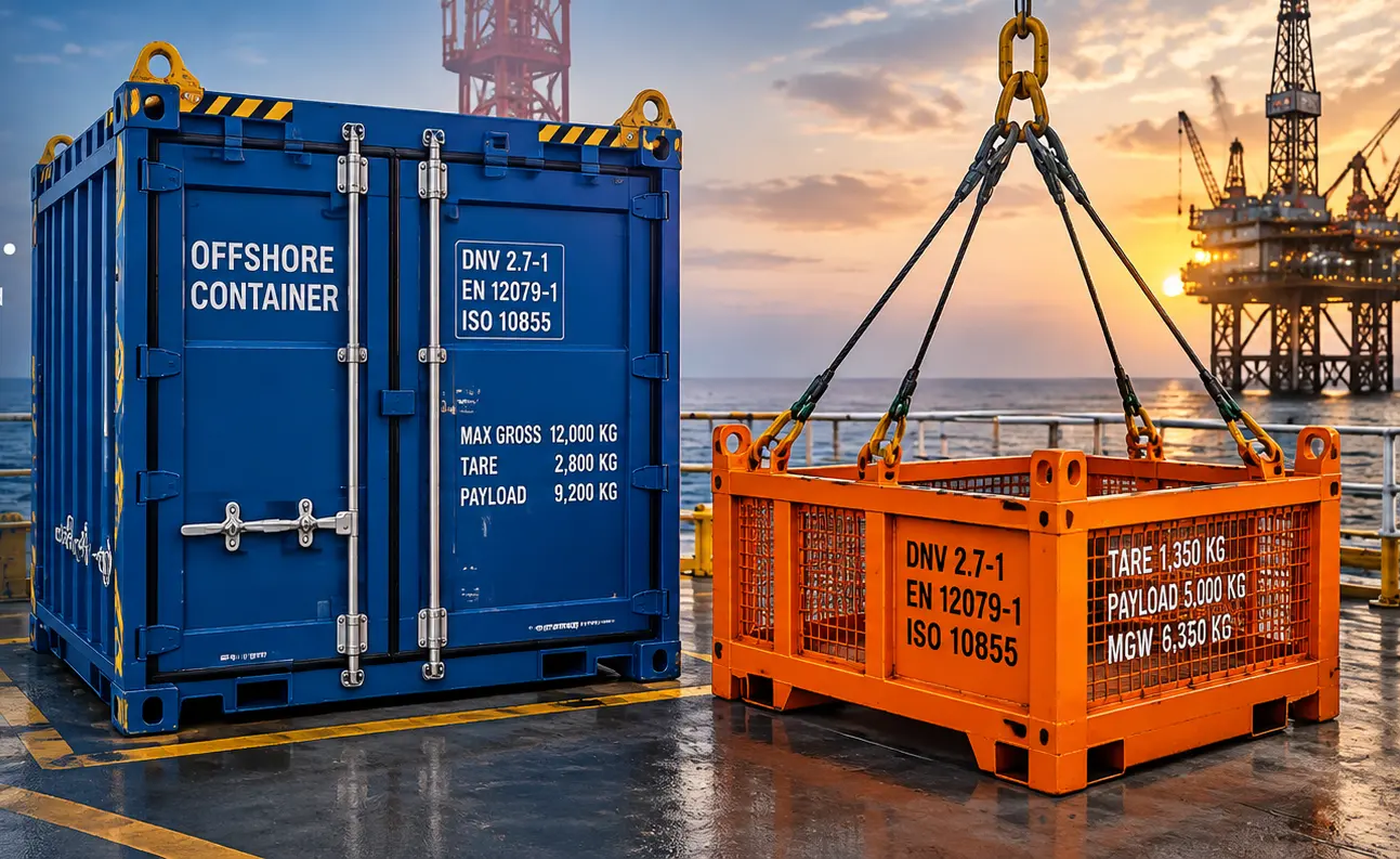 Blue enclosed offshore container and orange cargo basket on a vessel deck with offshore platforms behind