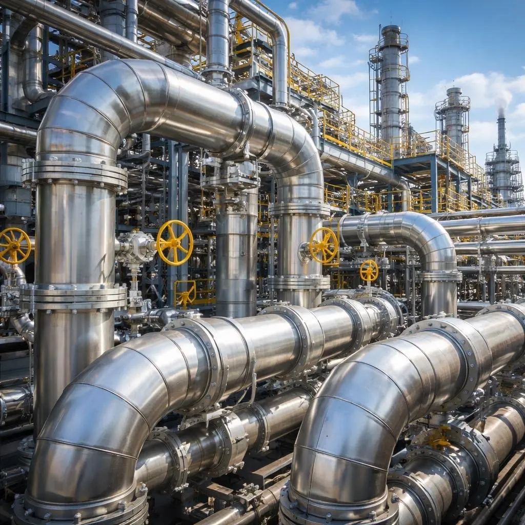 Stainless-steel process piping at an industrial plant