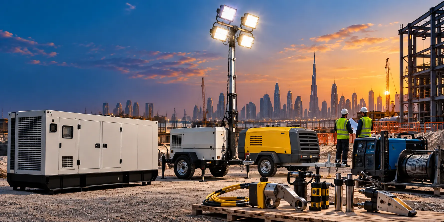 Diesel generator, lighting tower, air compressor, welding set, winch and hydraulic bolting tools on a Dubai construction site at dusk