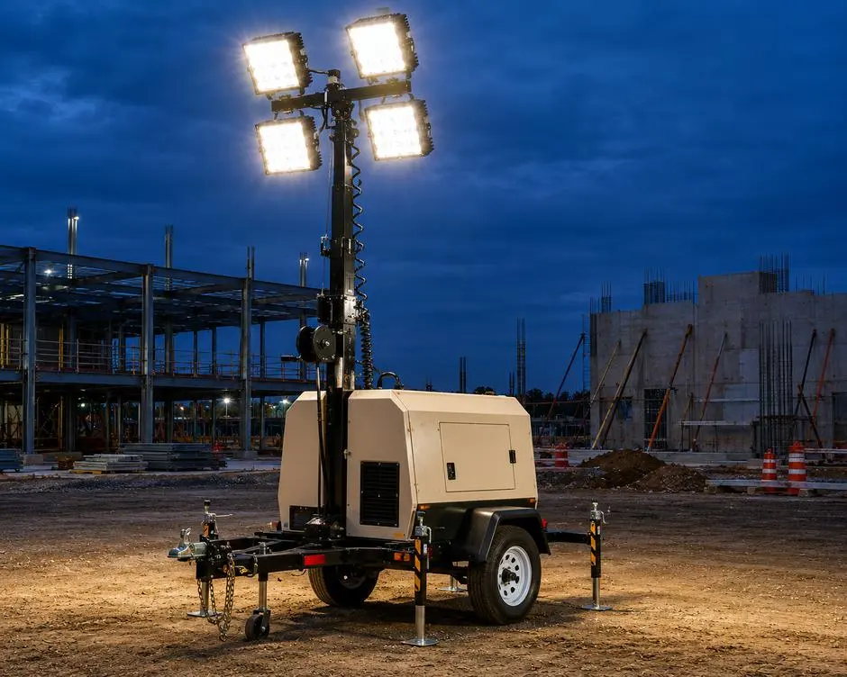 Mobile lighting tower on a construction site