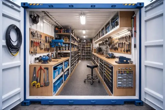 Container workshop with tool storage